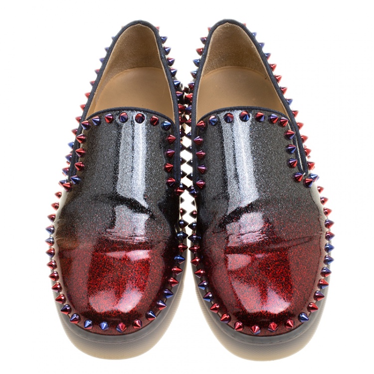 Pre Owned Christian Louboutin Ombrè Glitter Patent Leather Spike Pik Boat Slip On Sneakers Size 37.5