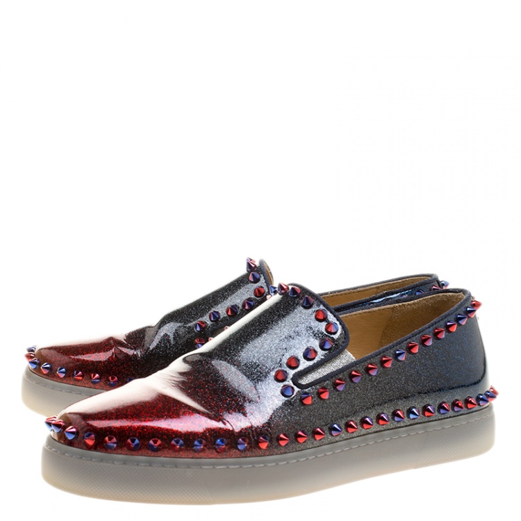 Pre Owned Christian Louboutin Ombrè Glitter Patent Leather Spike Pik Boat Slip On Sneakers Size 37.5