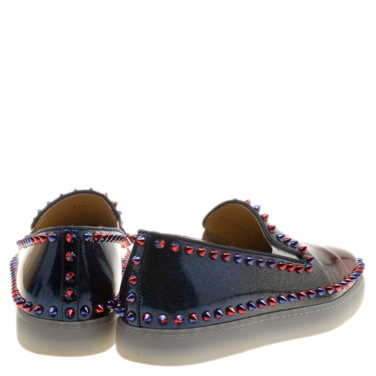 Pre Owned Christian Louboutin Ombrè Glitter Patent Leather Spike Pik Boat Slip On Sneakers Size 37.5
