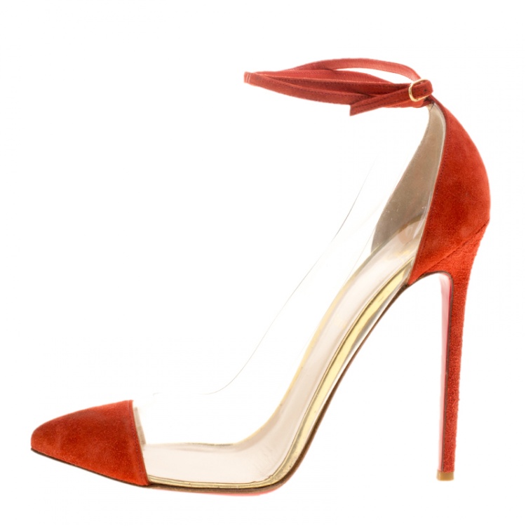 Pre Owned Christian Louboutin Red Suede and PVC Ankle Strap Sandals Size 41