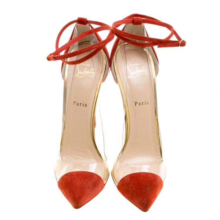 Pre Owned Christian Louboutin Red Suede and PVC Ankle Strap Sandals Size 41