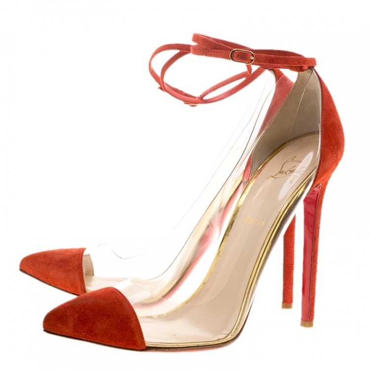 Pre Owned Christian Louboutin Red Suede and PVC Ankle Strap Sandals Size 41