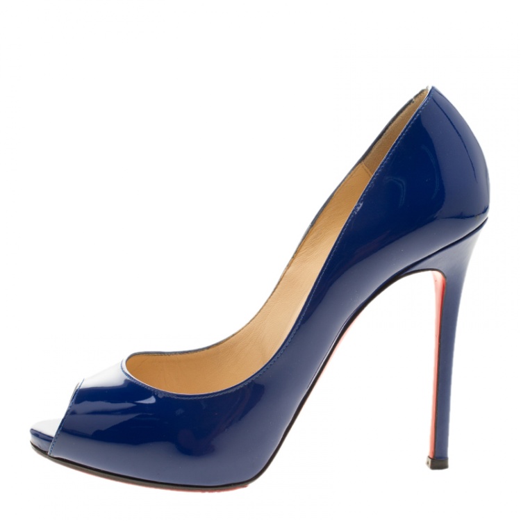 Pre Owned Christian Louboutin Blue Patent Leather Flo Peep Toe Pumps Size 37.5