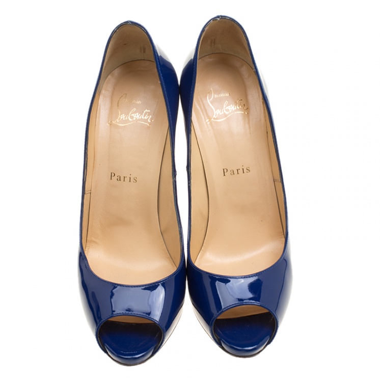 Pre Owned Christian Louboutin Blue Patent Leather Flo Peep Toe Pumps Size 37.5
