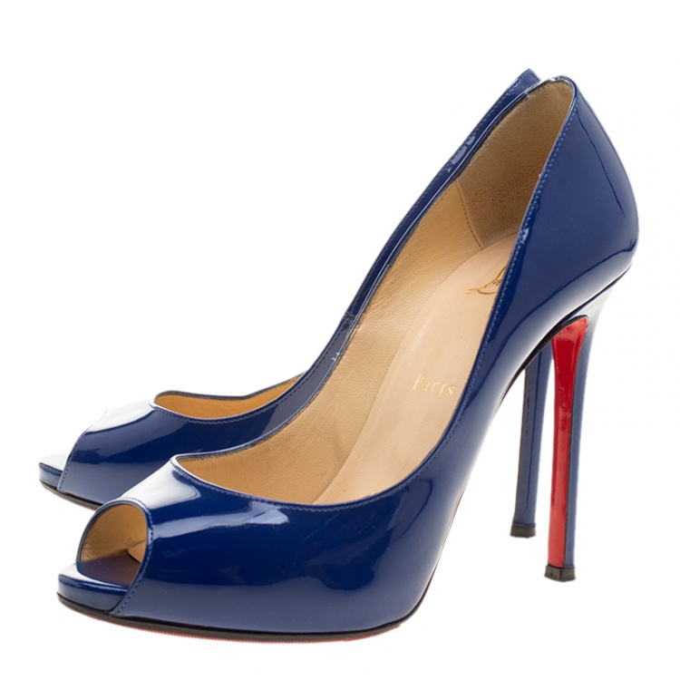 Pre Owned Christian Louboutin Blue Patent Leather Flo Peep Toe Pumps Size 37.5