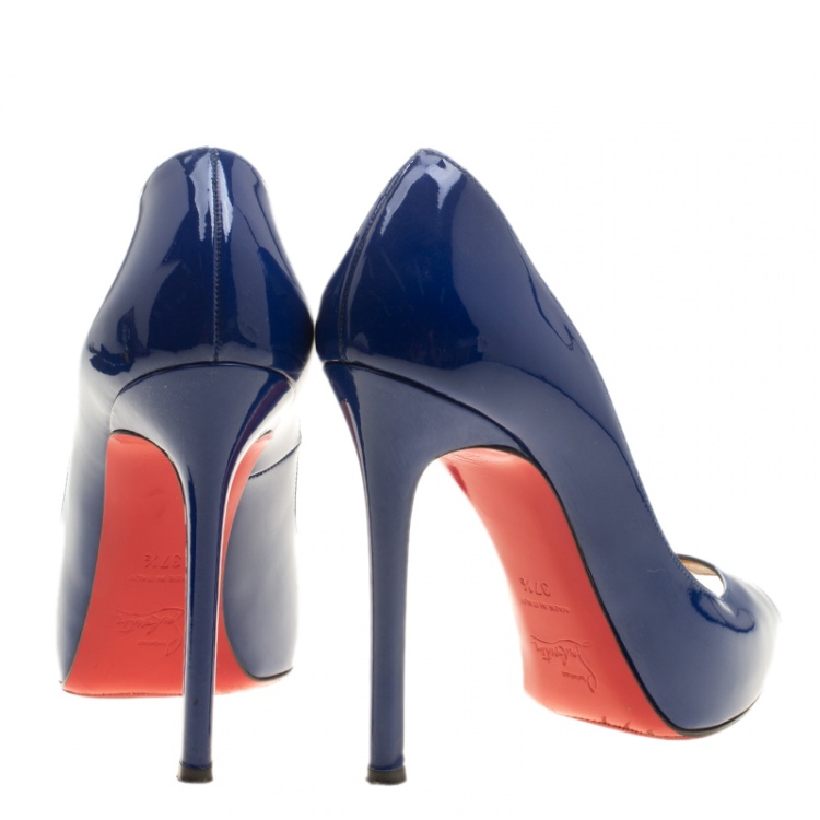 Pre Owned Christian Louboutin Blue Patent Leather Flo Peep Toe Pumps Size 37.5