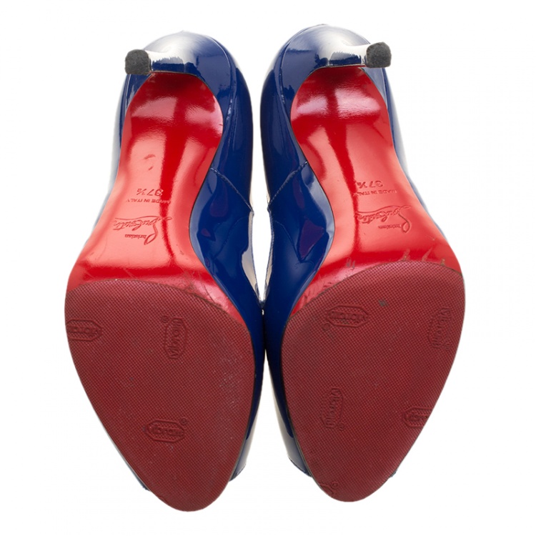 Pre Owned Christian Louboutin Blue Patent Leather Flo Peep Toe Pumps Size 37.5