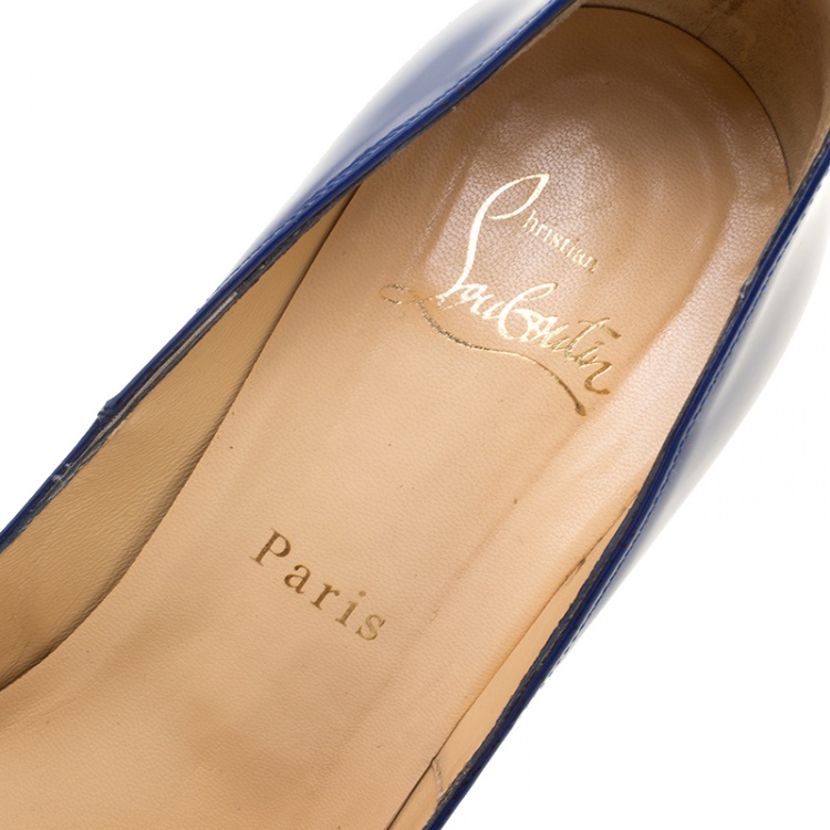 Pre Owned Christian Louboutin Blue Patent Leather Flo Peep Toe Pumps Size 37.5