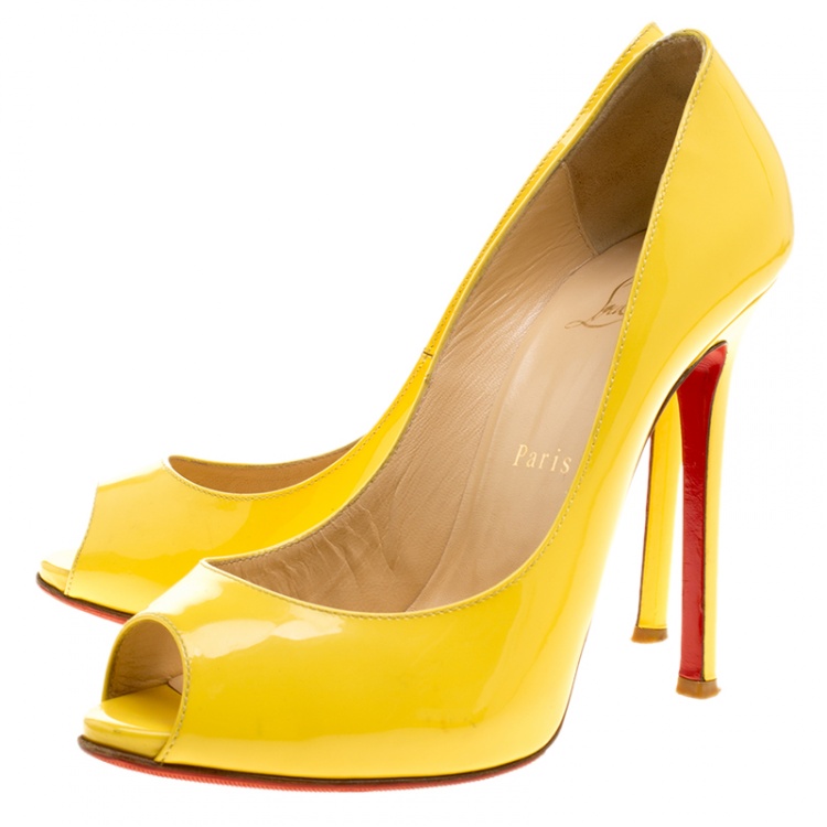 مملوكة مسبقًا Christian Louboutin Yellow Patent Leather Flo Peep Toe Pumps Size 37
