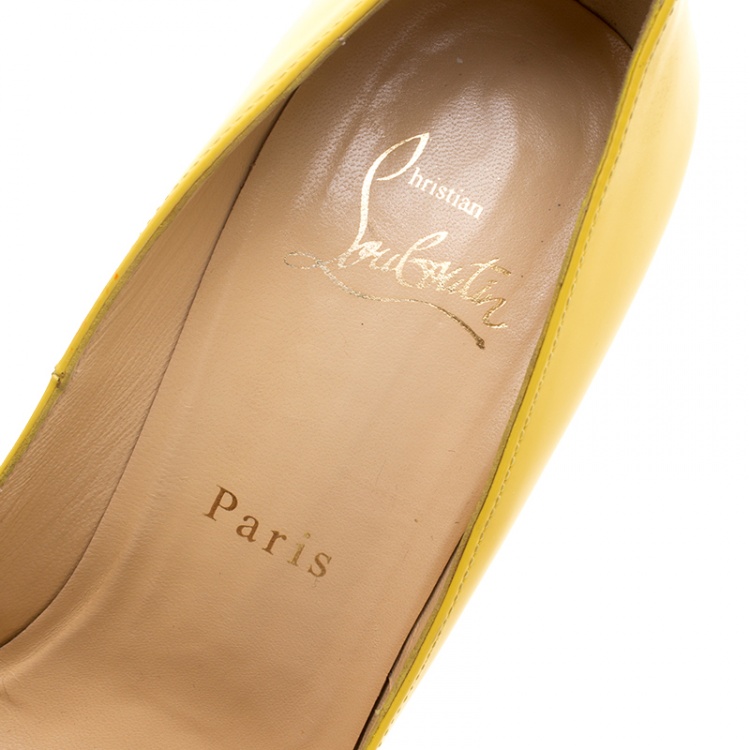 مملوكة مسبقًا Christian Louboutin Yellow Patent Leather Flo Peep Toe Pumps Size 37