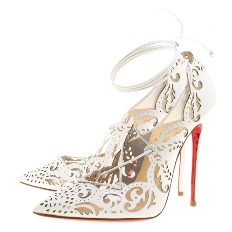 Pre Owned Christian Louboutin White Laser Cut Leather Impera Lace Up Pointed Toe Pumps Size 35.5