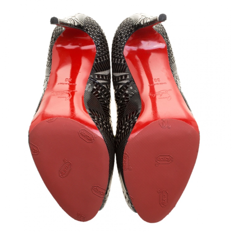 Pre Owned Christian Louboutin Black Lacer Cut Patent Leather Suellena Peep Toe Platform Pumps Size 38