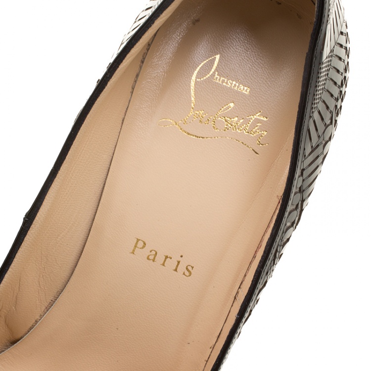 Pre Owned Christian Louboutin Black Lacer Cut Patent Leather Suellena Peep Toe Platform Pumps Size 38