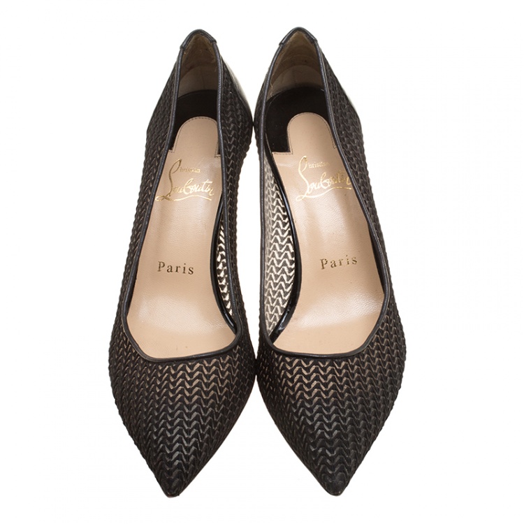 Pre Owned Christian Louboutin Black Chevron Mesh Saramor Maille Pointed Toe Pumps Size 38