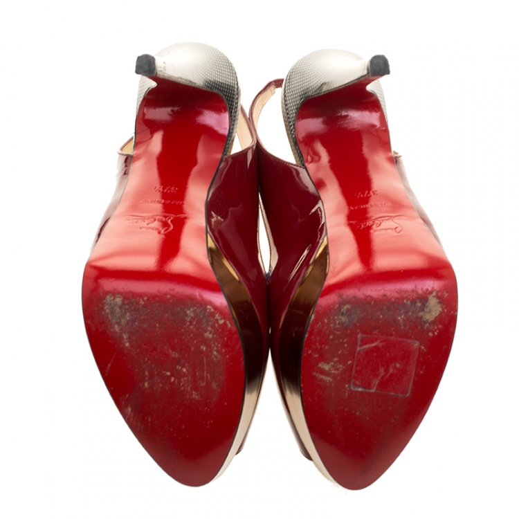 مملوكة مسبقًا Christian Louboutin Two Tone Patent Leather Lady Peep Toe Slingback Sandals Size 37.5