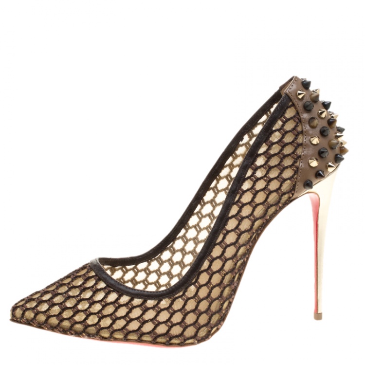 Pre Owned Christian Louboutin Brown Mesh and Spike Embellished Leather Trimmed Guni Pointed Toe Pumps Size 38.5