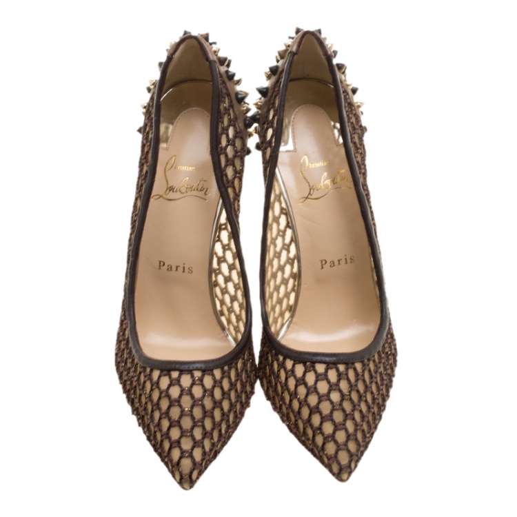 Pre Owned Christian Louboutin Brown Mesh and Spike Embellished Leather Trimmed Guni Pointed Toe Pumps Size 38.5