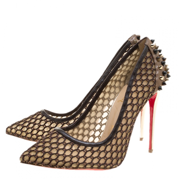 Pre Owned Christian Louboutin Brown Mesh and Spike Embellished Leather Trimmed Guni Pointed Toe Pumps Size 38.5