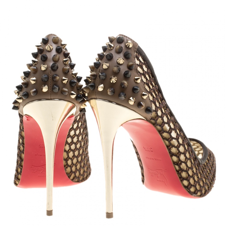 Pre Owned Christian Louboutin Brown Mesh and Spike Embellished Leather Trimmed Guni Pointed Toe Pumps Size 38.5