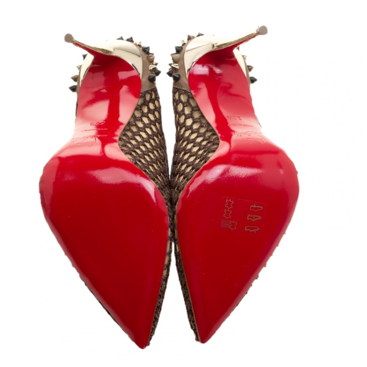 Pre Owned Christian Louboutin Brown Mesh and Spike Embellished Leather Trimmed Guni Pointed Toe Pumps Size 38.5