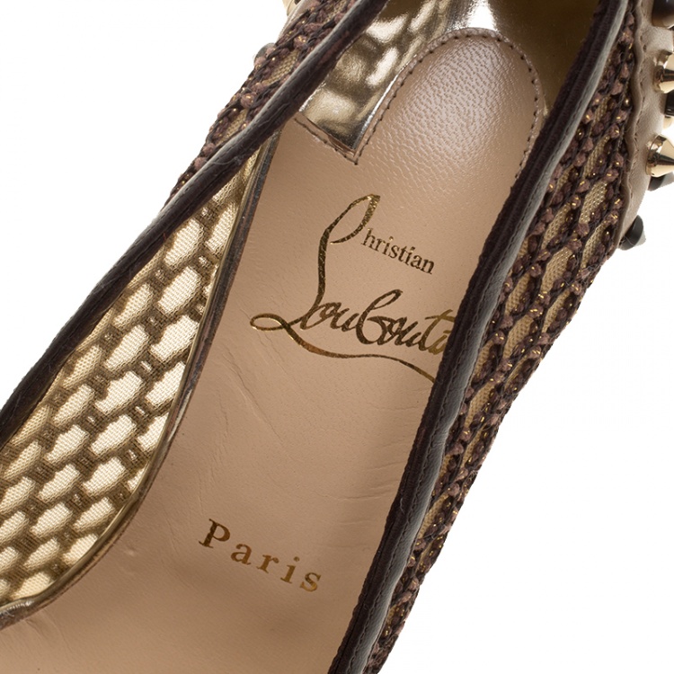 Pre Owned Christian Louboutin Brown Mesh and Spike Embellished Leather Trimmed Guni Pointed Toe Pumps Size 38.5