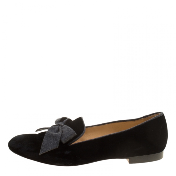 Pre Owned Christian Louboutin Black Velvet Gine Bow Detail Smoking Slippers Size 40