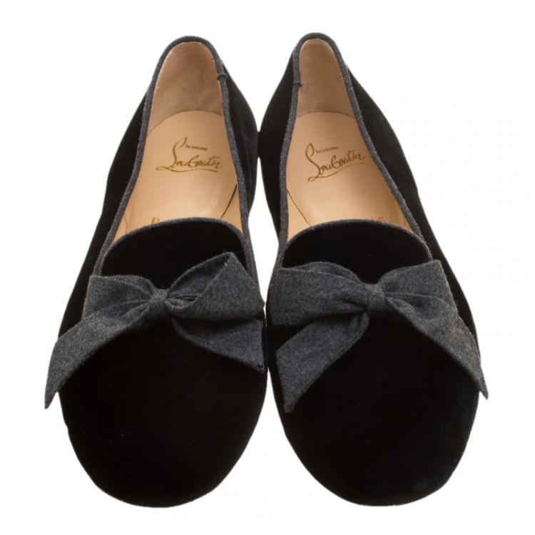 Pre Owned Christian Louboutin Black Velvet Gine Bow Detail Smoking Slippers Size 40