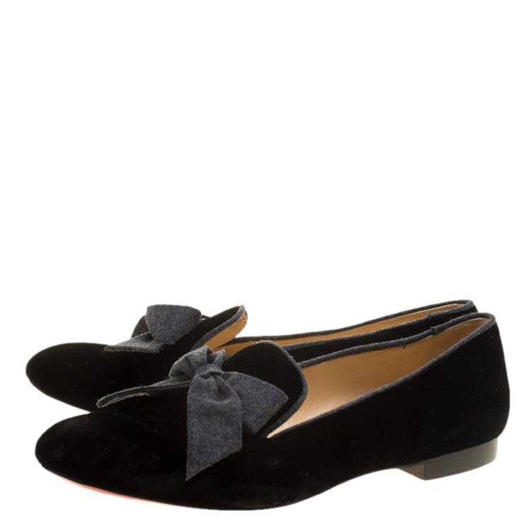 Pre Owned Christian Louboutin Black Velvet Gine Bow Detail Smoking Slippers Size 40