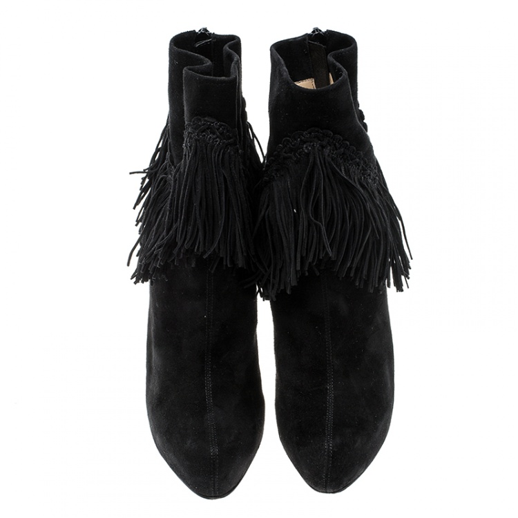 Pre Owned Christian Louboutin Black Suede Rom Fringe Detail Platform Ankle Boots Size 37.5