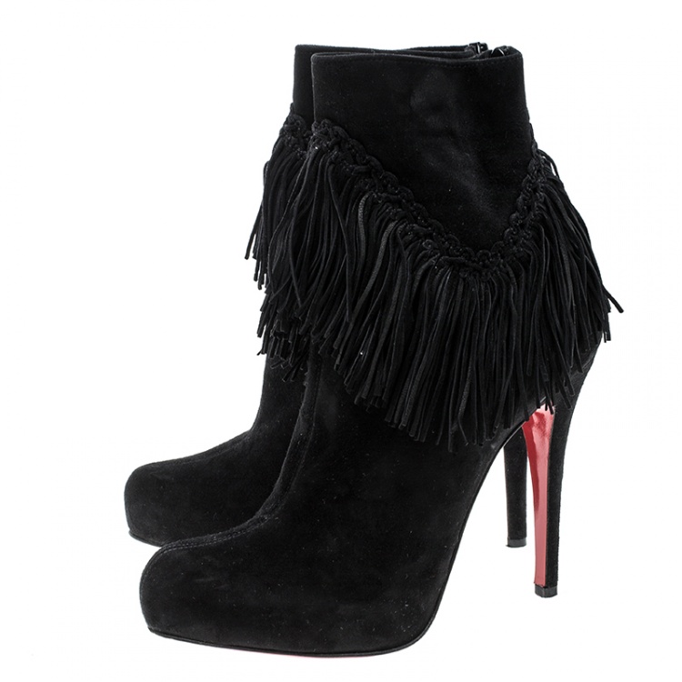 Pre Owned Christian Louboutin Black Suede Rom Fringe Detail Platform Ankle Boots Size 37.5