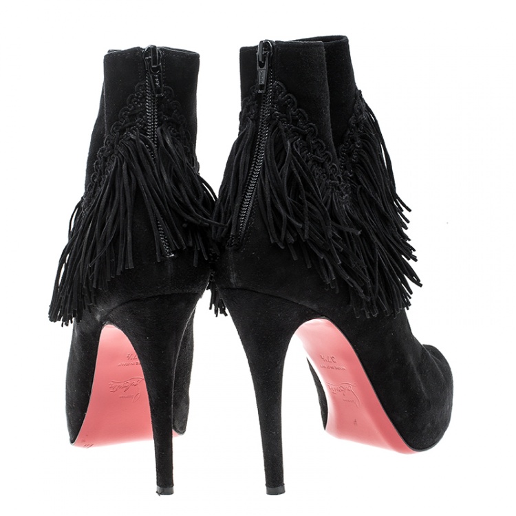 Pre Owned Christian Louboutin Black Suede Rom Fringe Detail Platform Ankle Boots Size 37.5