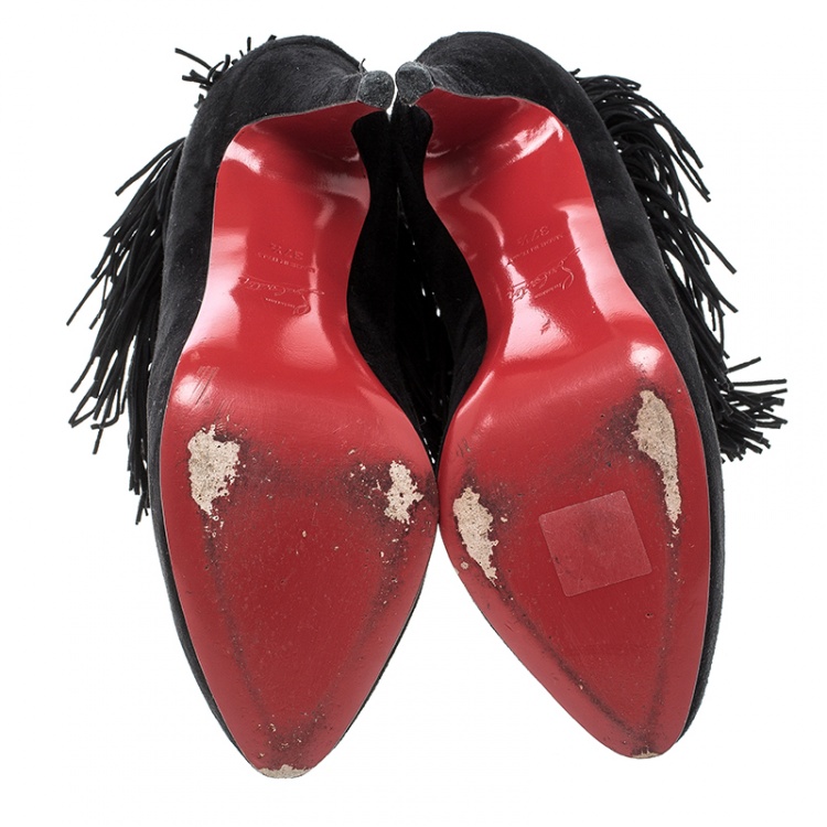 Pre Owned Christian Louboutin Black Suede Rom Fringe Detail Platform Ankle Boots Size 37.5