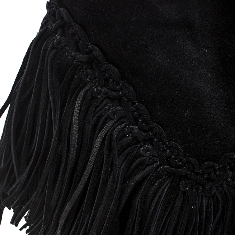 Pre Owned Christian Louboutin Black Suede Rom Fringe Detail Platform Ankle Boots Size 37.5