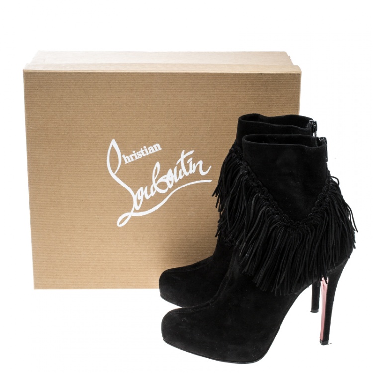 Pre Owned Christian Louboutin Black Suede Rom Fringe Detail Platform Ankle Boots Size 37.5