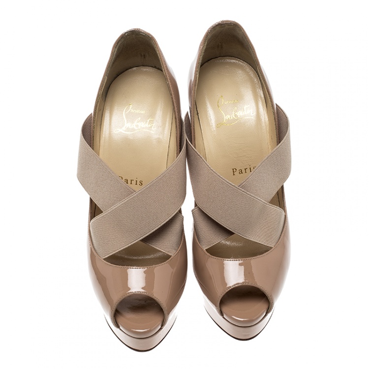 Pre Owned Christian Louboutin Beige Patent Leather Very Stagram Criss Cross Peep Toe Platform Pumps Size 37.5
