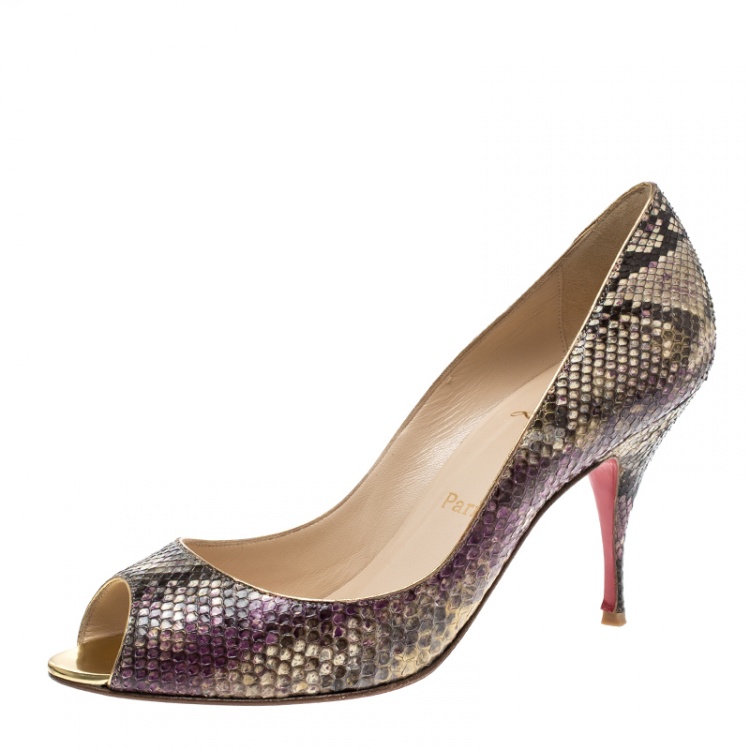 Pre Owned Christian Louboutin Multicolor Metallic Python Yoyo Peep Toe Pumps Size 39.5