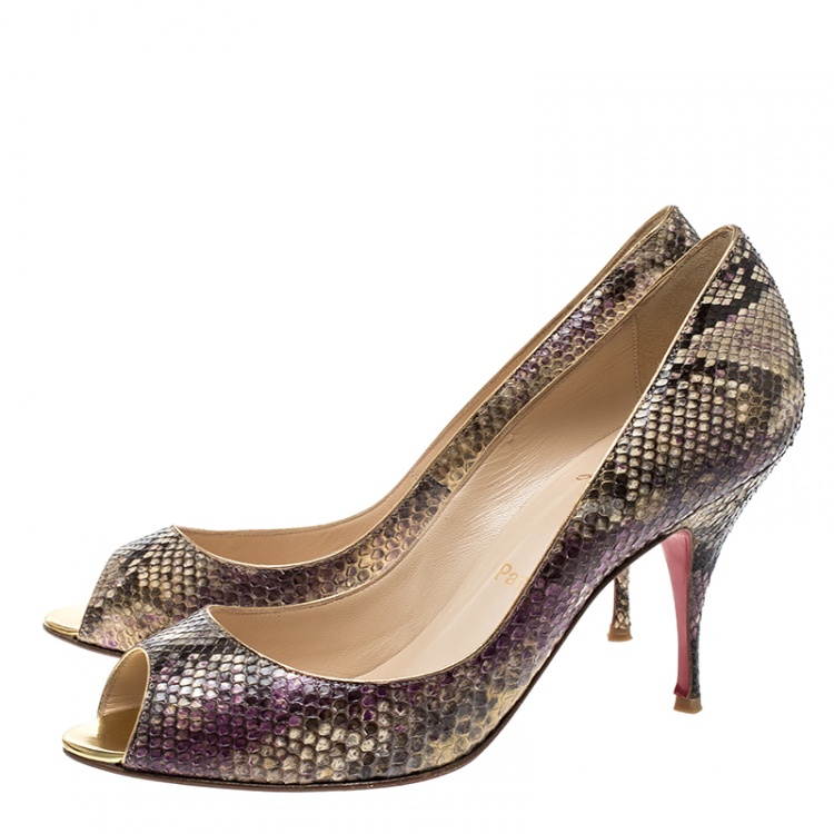 Pre Owned Christian Louboutin Multicolor Metallic Python Yoyo Peep Toe Pumps Size 39.5