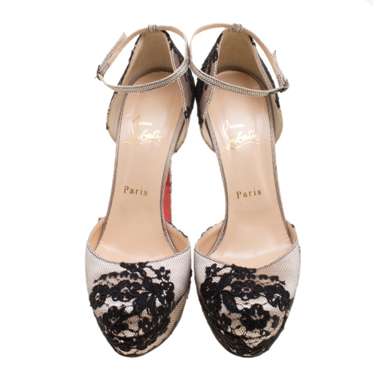 Pre Owned Christian Louboutin Black Lace and Satin Ankle Strap D'orsay Platform Pumps Size 39.5