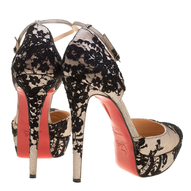 Pre Owned Christian Louboutin Black Lace and Satin Ankle Strap D'orsay Platform Pumps Size 39.5