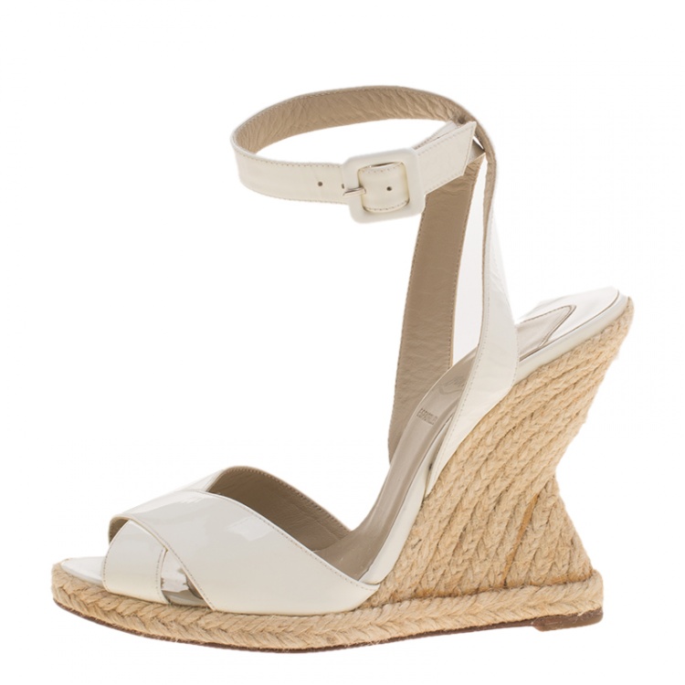 Pre Owned Christian Louboutin White Leather Love Ankle Wrap Peep Toe Espadrille Wedge Sandals Size 35