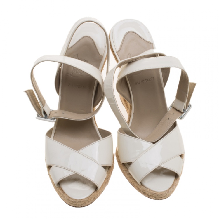 Pre Owned Christian Louboutin White Leather Love Ankle Wrap Peep Toe Espadrille Wedge Sandals Size 35
