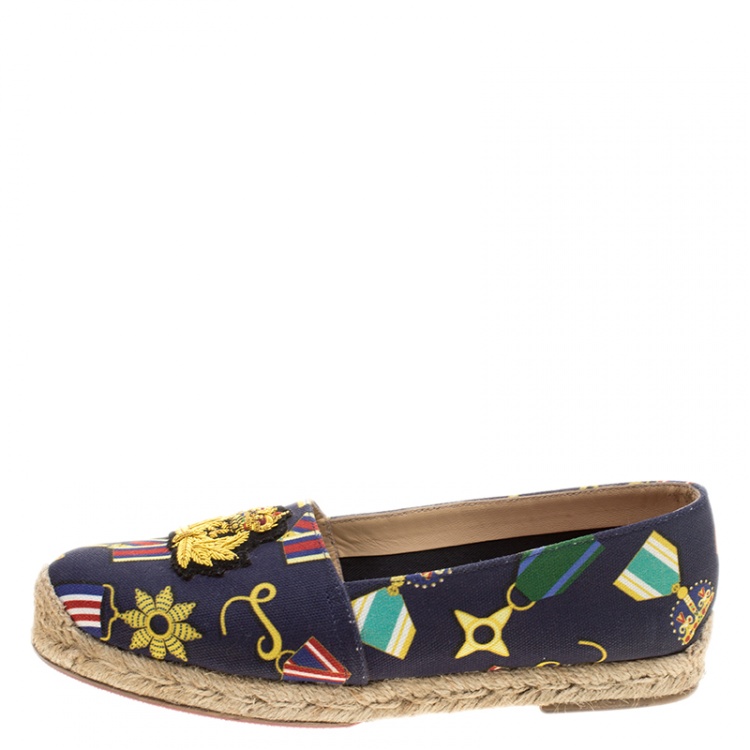 Pre Owned  Christian Louboutin Navy Blue Medal Printed Canvas Galia Espadrille Flats Size 37