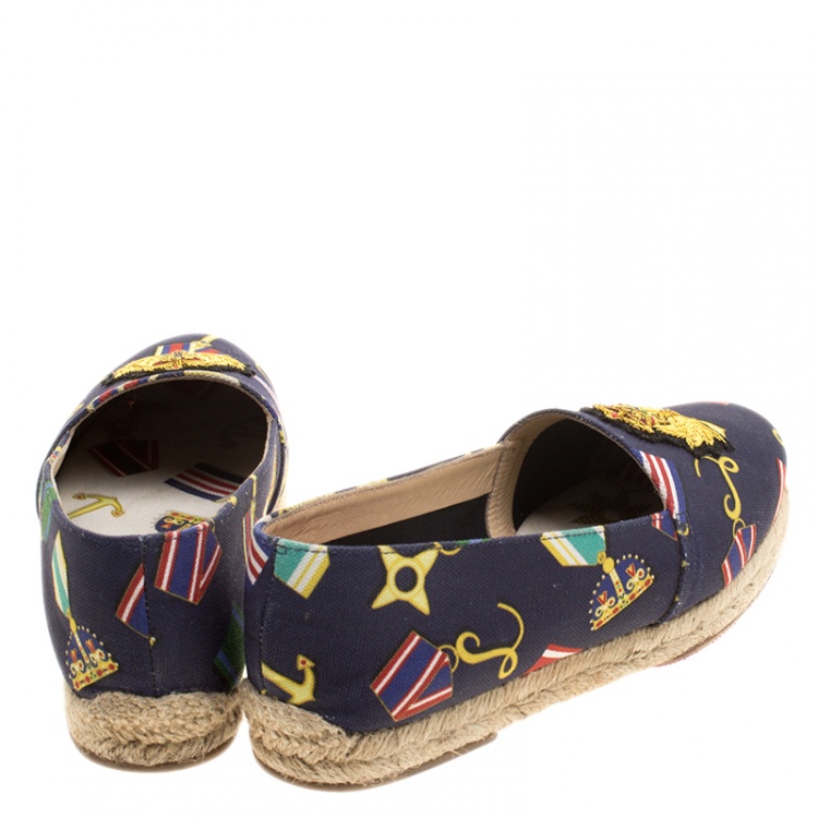 Pre Owned  Christian Louboutin Navy Blue Medal Printed Canvas Galia Espadrille Flats Size 37