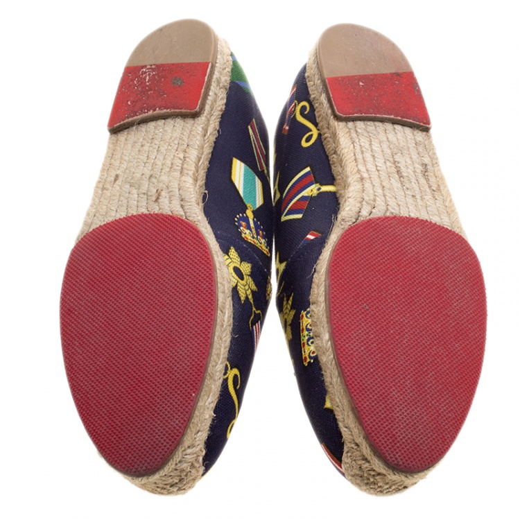 Pre Owned  Christian Louboutin Navy Blue Medal Printed Canvas Galia Espadrille Flats Size 37