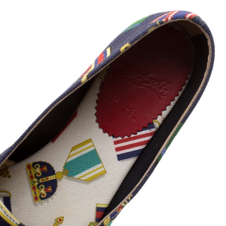 Pre Owned  Christian Louboutin Navy Blue Medal Printed Canvas Galia Espadrille Flats Size 37