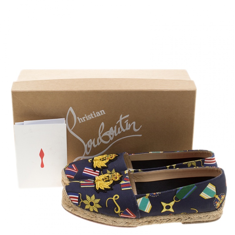 Pre Owned  Christian Louboutin Navy Blue Medal Printed Canvas Galia Espadrille Flats Size 37