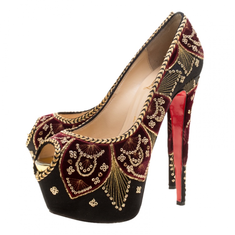 Pre Owned Christian Louboutin Black Satin Highness Sombrero Velvet Embroidered Peep Toe Platform Pumps Size 38.5
