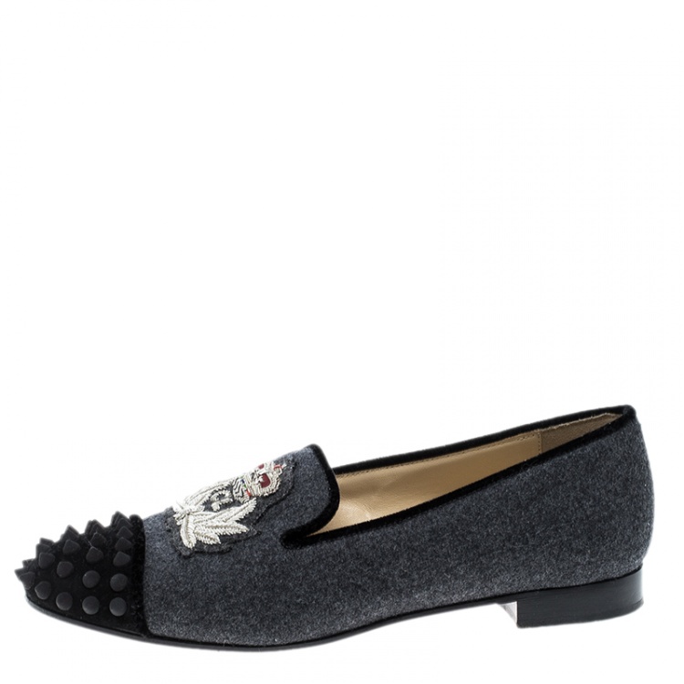 Pre Owned Christian Louboutin Grey Wool Blend Harvanana Spiked Cap Toe Smoking Slippers Size 37