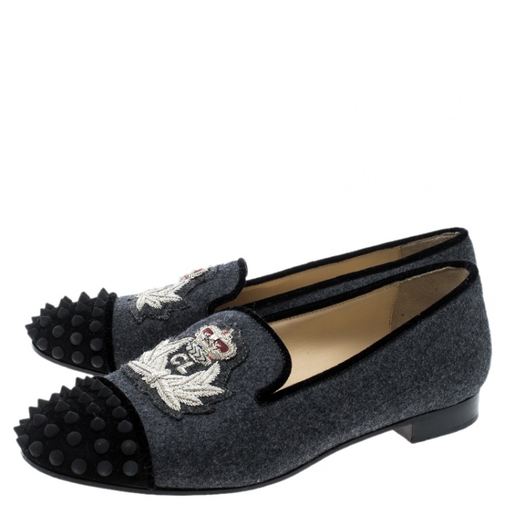 Pre Owned Christian Louboutin Grey Wool Blend Harvanana Spiked Cap Toe Smoking Slippers Size 37