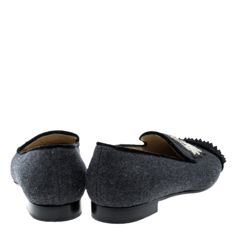 Pre Owned Christian Louboutin Grey Wool Blend Harvanana Spiked Cap Toe Smoking Slippers Size 37